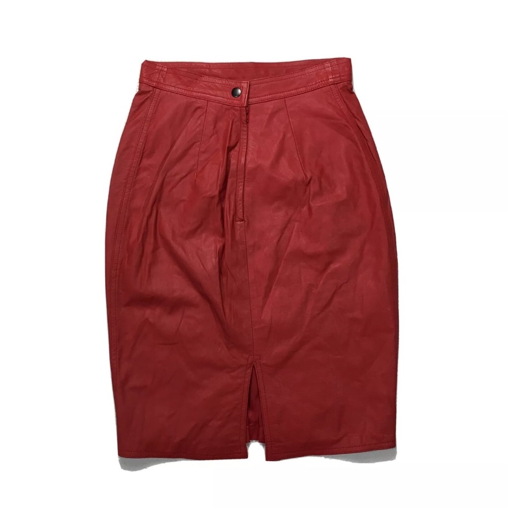 80s Vintage Red Leather High Waist Pencil Skirt Sm